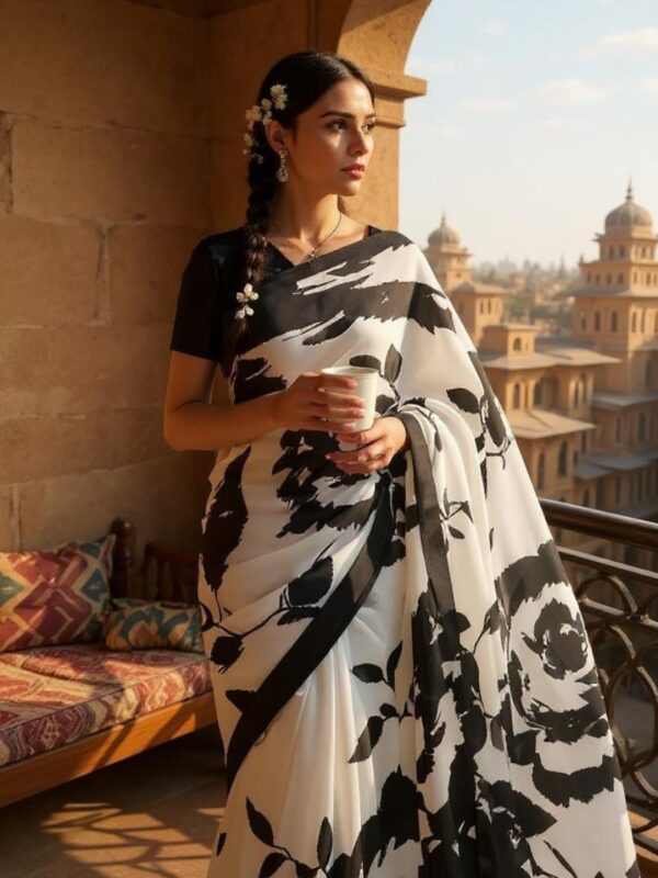 Bold Black and White Floral Saree