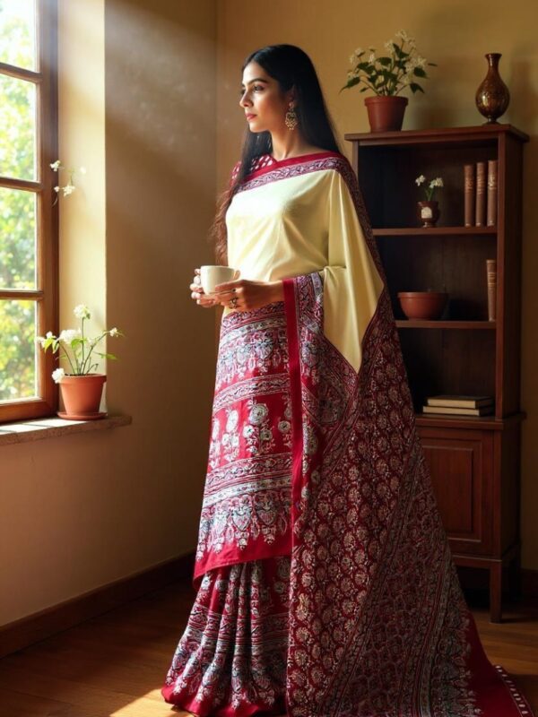 Classic Cream and Red Saree with Printed Border