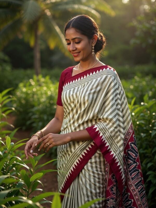 Striped Saree with Red Border and Designer Pallu