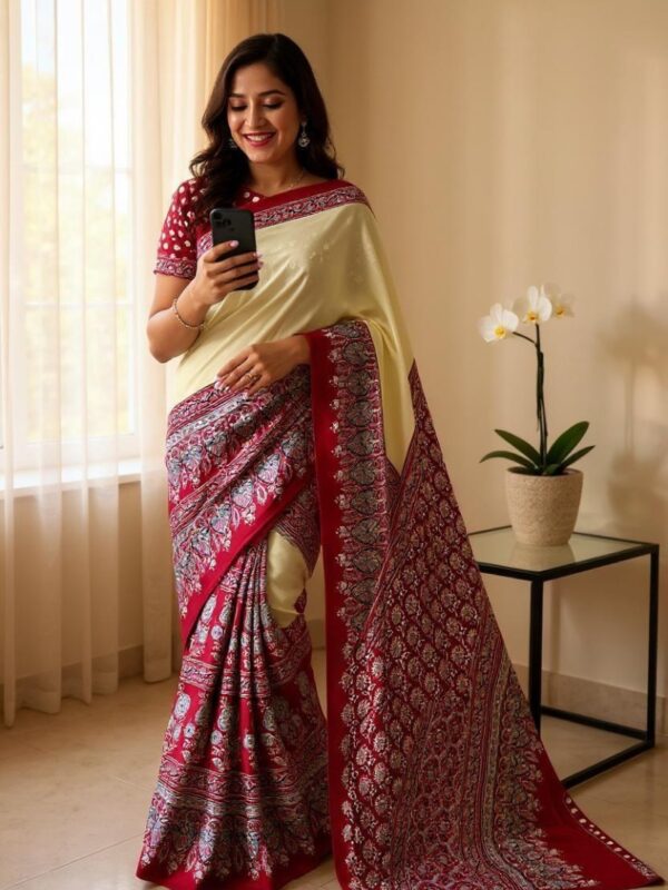 Charming Cream and Red Printed Saree with Floral Border