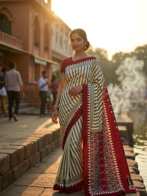 Traditional Striped Saree with Red Border and Pallu