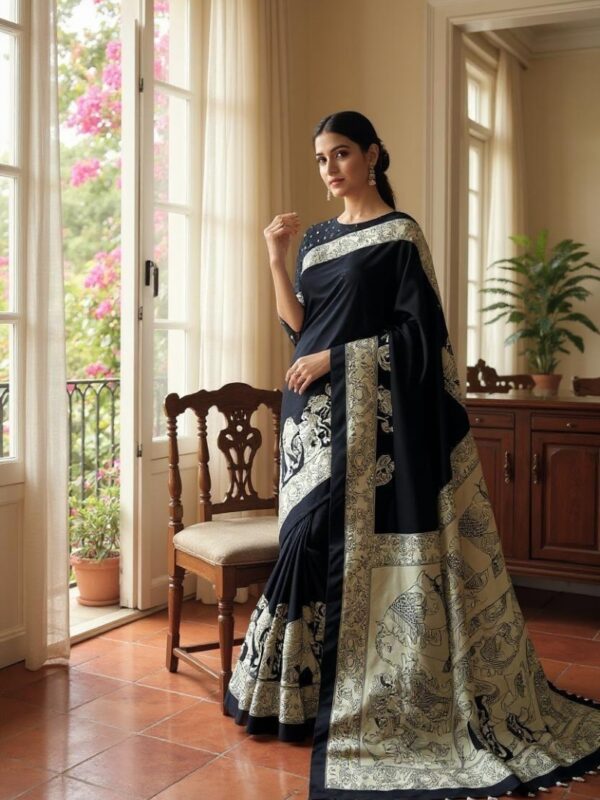 Elegant Black and White Handcrafted Printed Saree