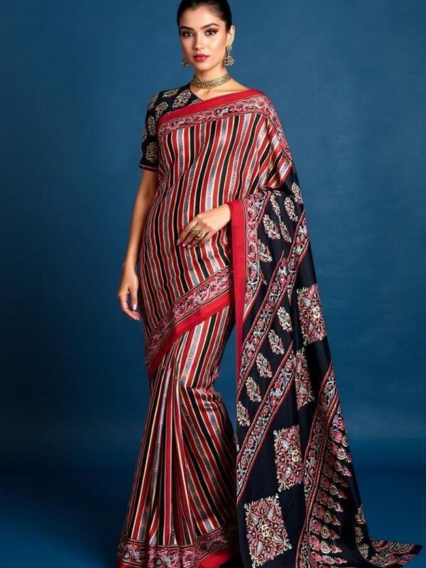 Graceful Striped and Floral Printed Saree – Red and Black