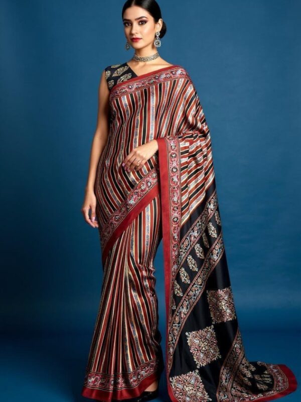 Stylish Striped Saree with Floral Pallu – Black and Red