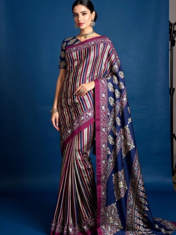 Classic Striped Saree with Blue Floral Pallu – Purple and Navy