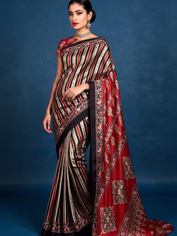Designer Red and Black Striped Saree with Floral Prints