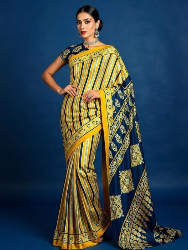 Yellow and Blue Striped Saree with Floral Pallu – Festive Wear