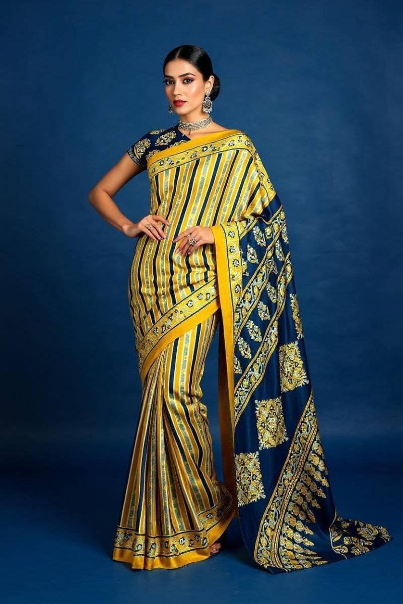 30 Yellow and Blue Striped Saree with Floral Pallu – Festive Wear - Image 1