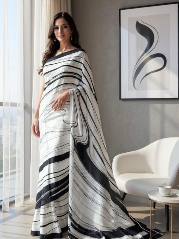 Striped White and Black Designer Saree