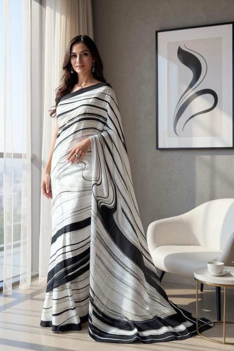 4 Striped White and Black Designer Saree - Image 1