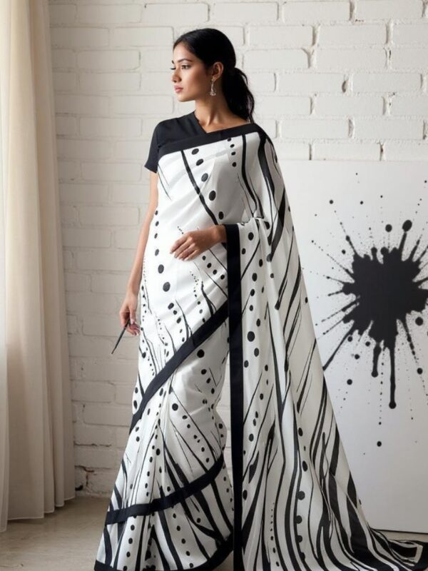 Trendy Black and White Polka Striped Saree