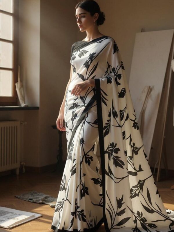 Stylish White and Black Printed Saree – Modern Look