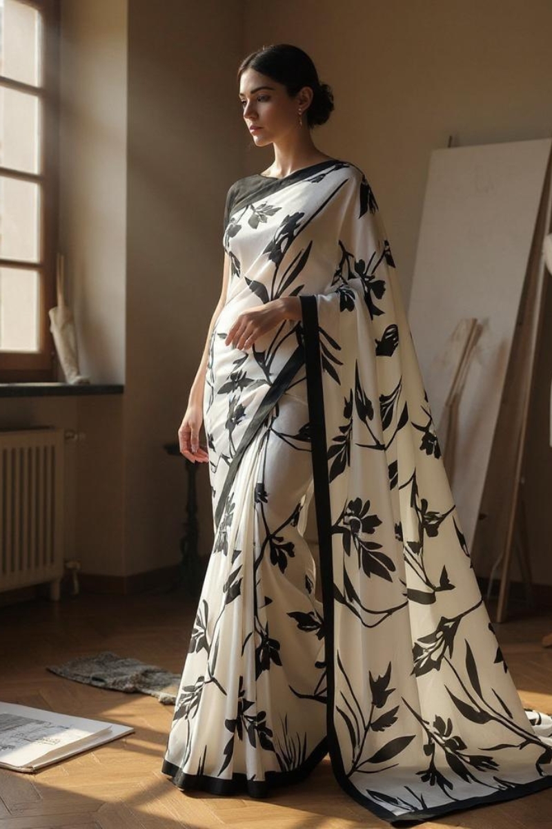 6 Stylish White and Black Printed Saree – Modern Look - Image 1