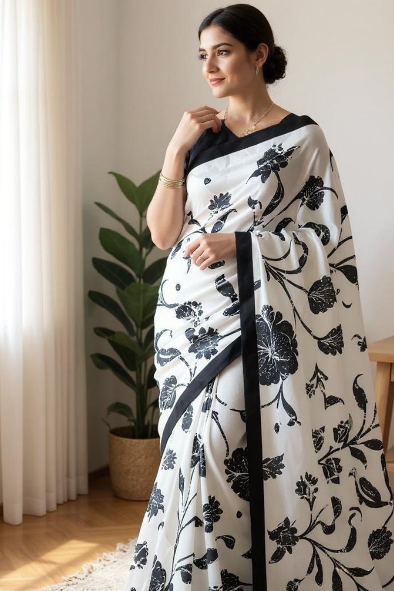 7 Stylish White and Black Printed Saree – Modern Look - Image 2