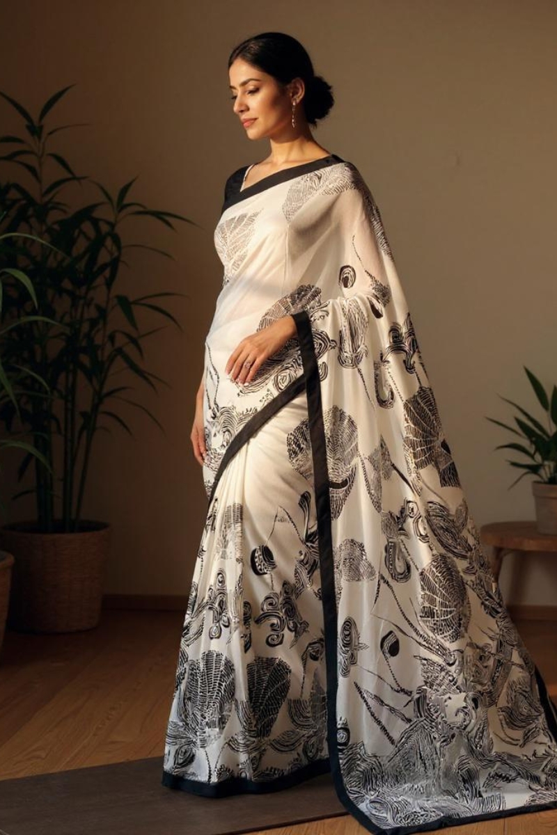 8 Stylish White and Black Printed Saree – Modern Look - Image 3