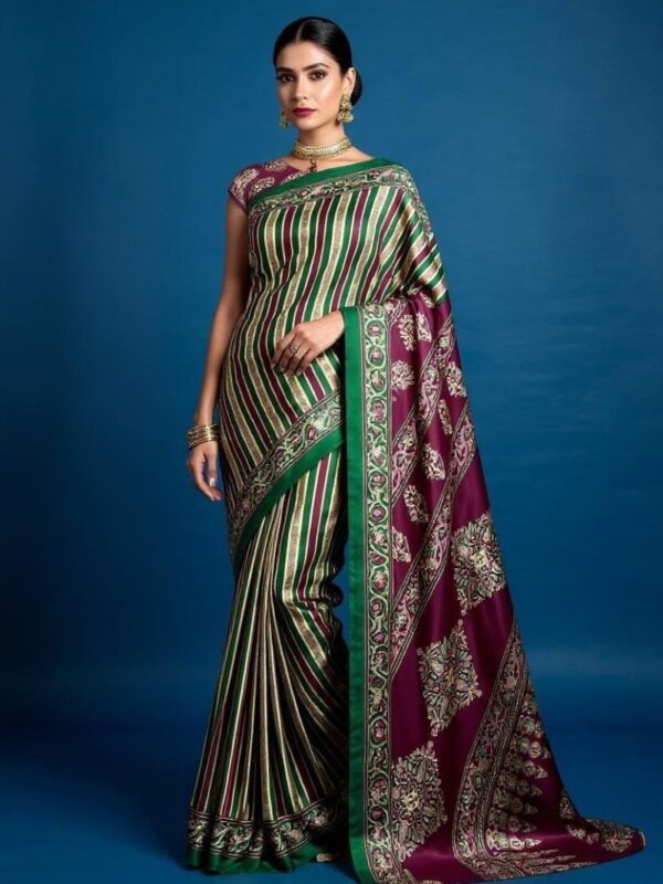 Elegant Party Wear Saree - Striped and Floral Design with Contrast Border