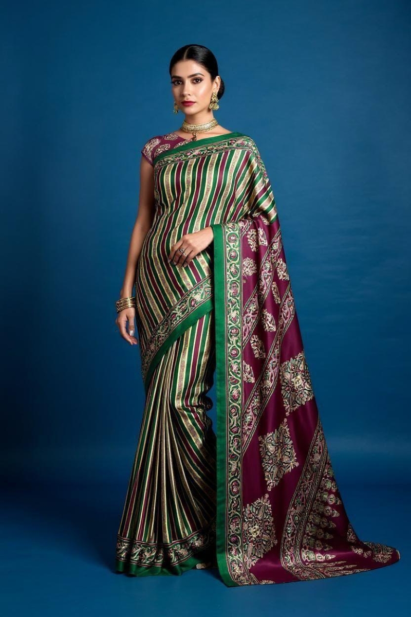 Elegant Party Wear Saree - Striped and Floral Design with Contrast Border