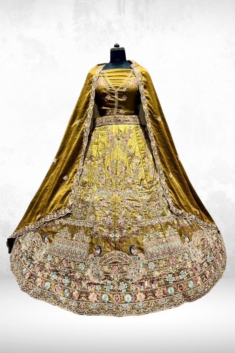 39 Aazad Pink Velvet Lehenga with Beads & Jarkan - Image 3